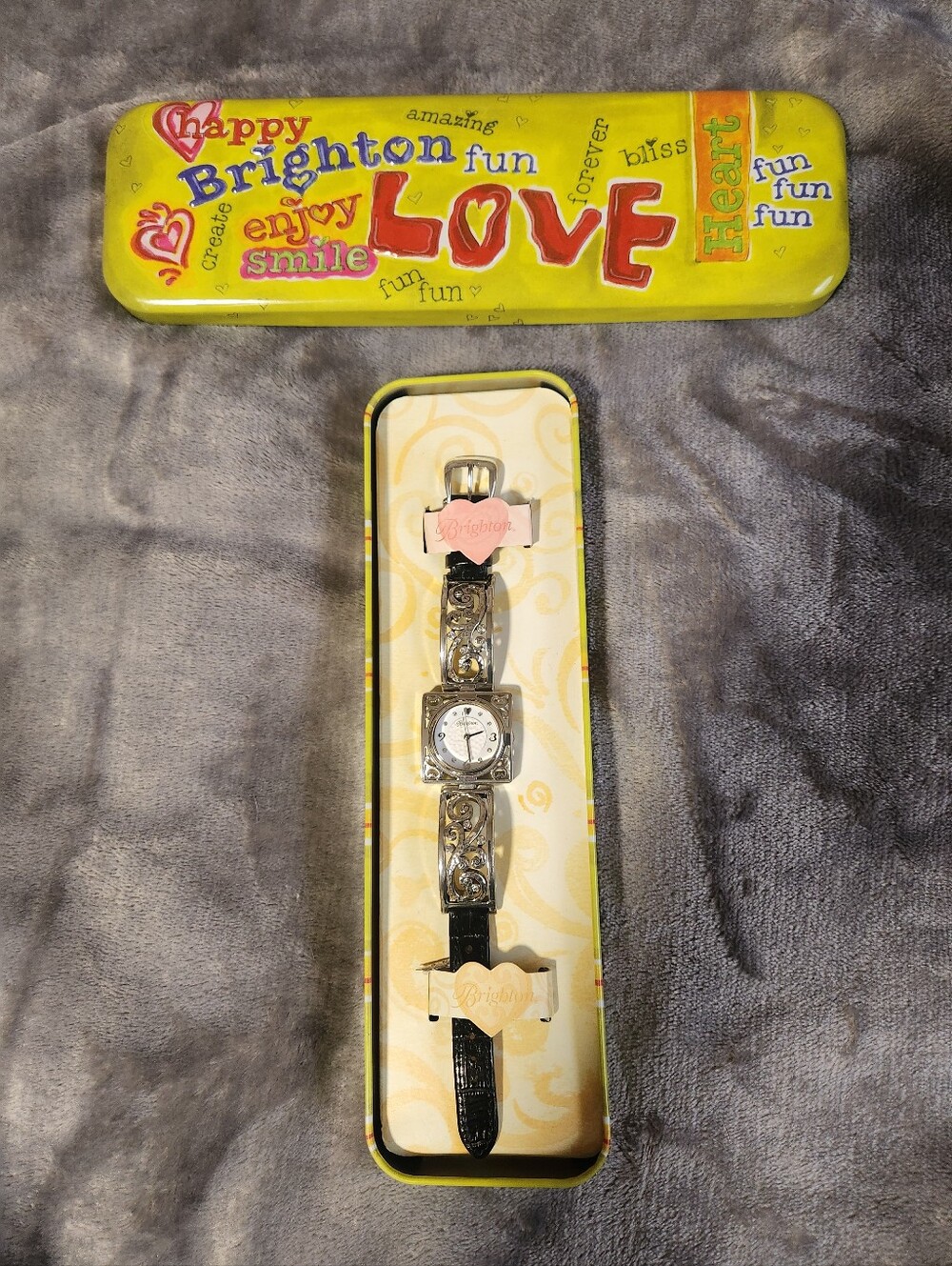 Brighton Silver Filigree Watch with Black Strap and Yellow LOVE Tin
